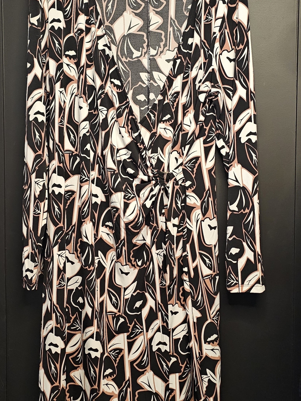 Liz Claiborne Black, Beige & White Floral Long Sleeve Wrap Dress